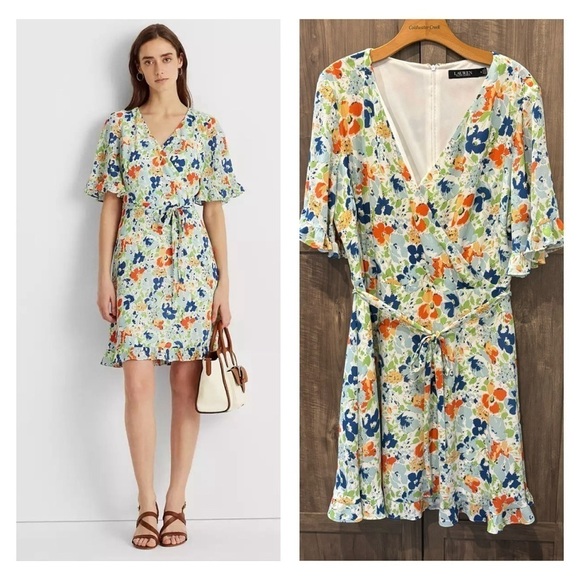 Lauren Ralph Lauren black Label Dress 16 Floral crepe faux wrap - Picture 1 of 15